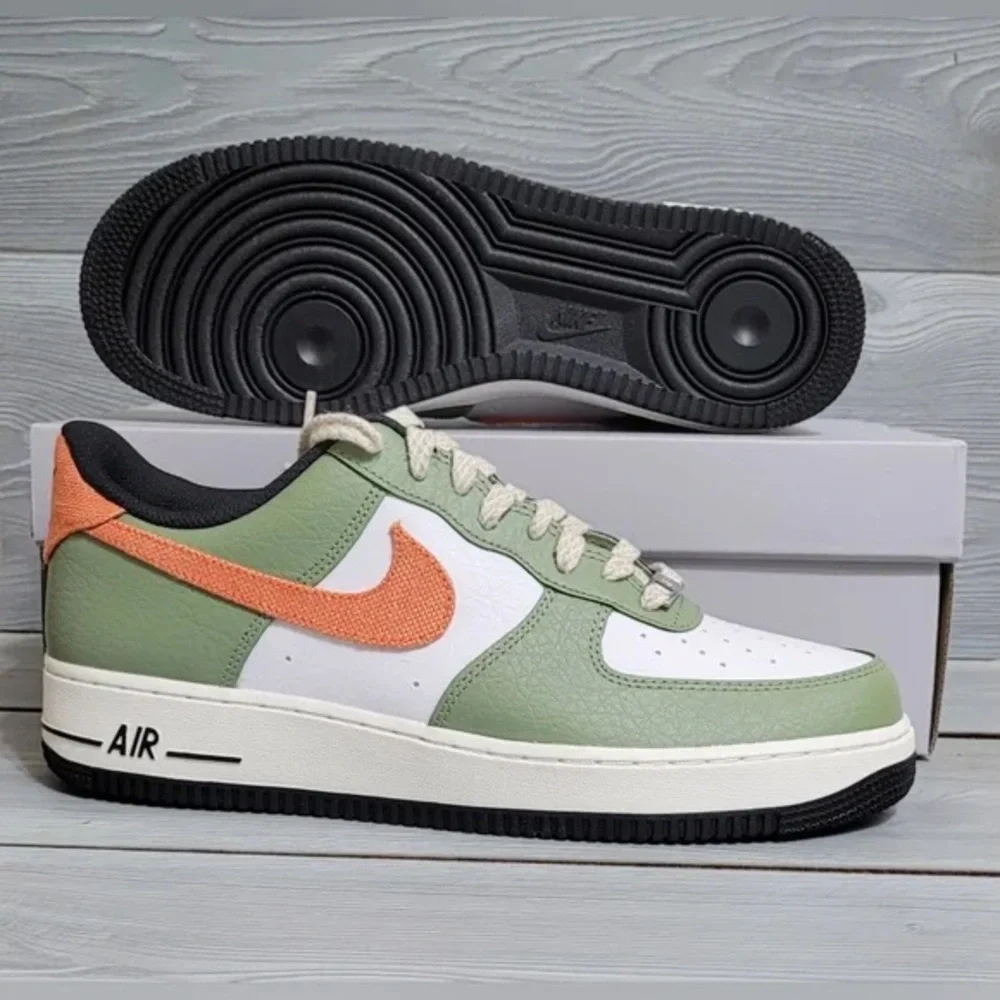 Nike Air Force 1 ‘07’ Men's Oil Green and Orange Sneakers - Picture 2 of 4